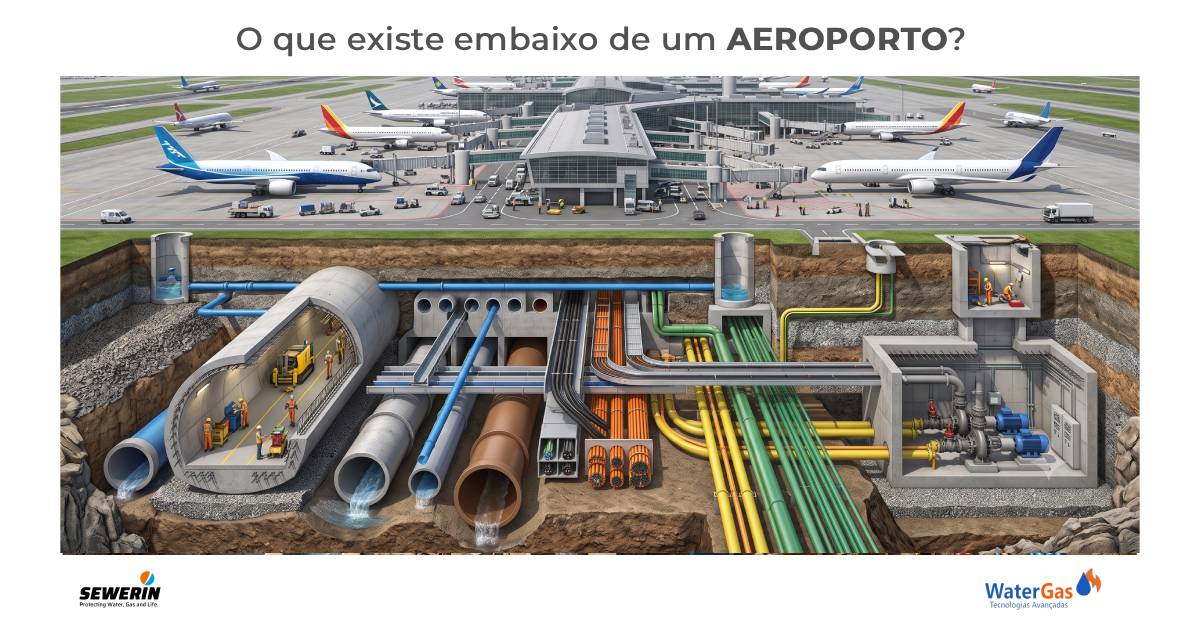 Ilustração da infraestrutura de tubulações e redes subterrâneas de um aeroporto
